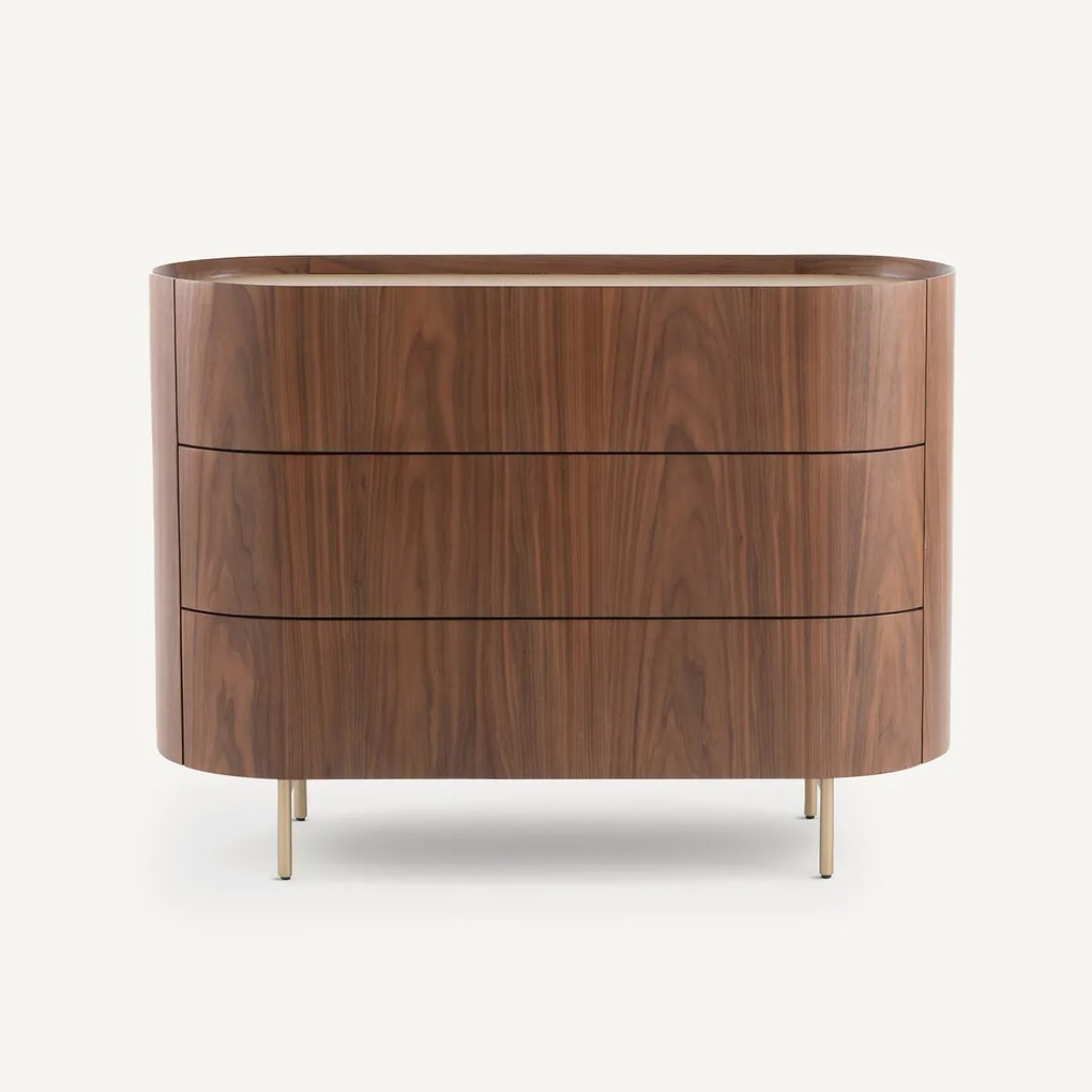 Notenhouten en met leer gefineerde ladekast met 3 laden, Aslen