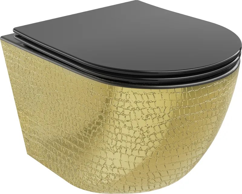 Mexen Lena wc-kom met Rimless met langzaam dalende dunne zitting, duroplast, zwarte mat/gouden schubbenpatroon - 30224078