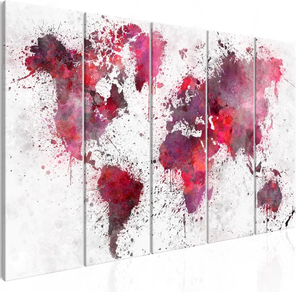 Schilderij - Wereldkaart , Wereld in Rode Waterverf II , 5 luik