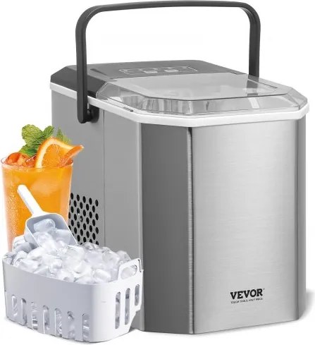 VEVOR ijsblokjesmachine IJsblokjesmachine 9 blokjes in 6 minuten, 11,8 kg / 24 uur, draagbare ijsblokjesmachine met schep en mand, ijsmachine met 2 formaten voor keukenbar Zilver