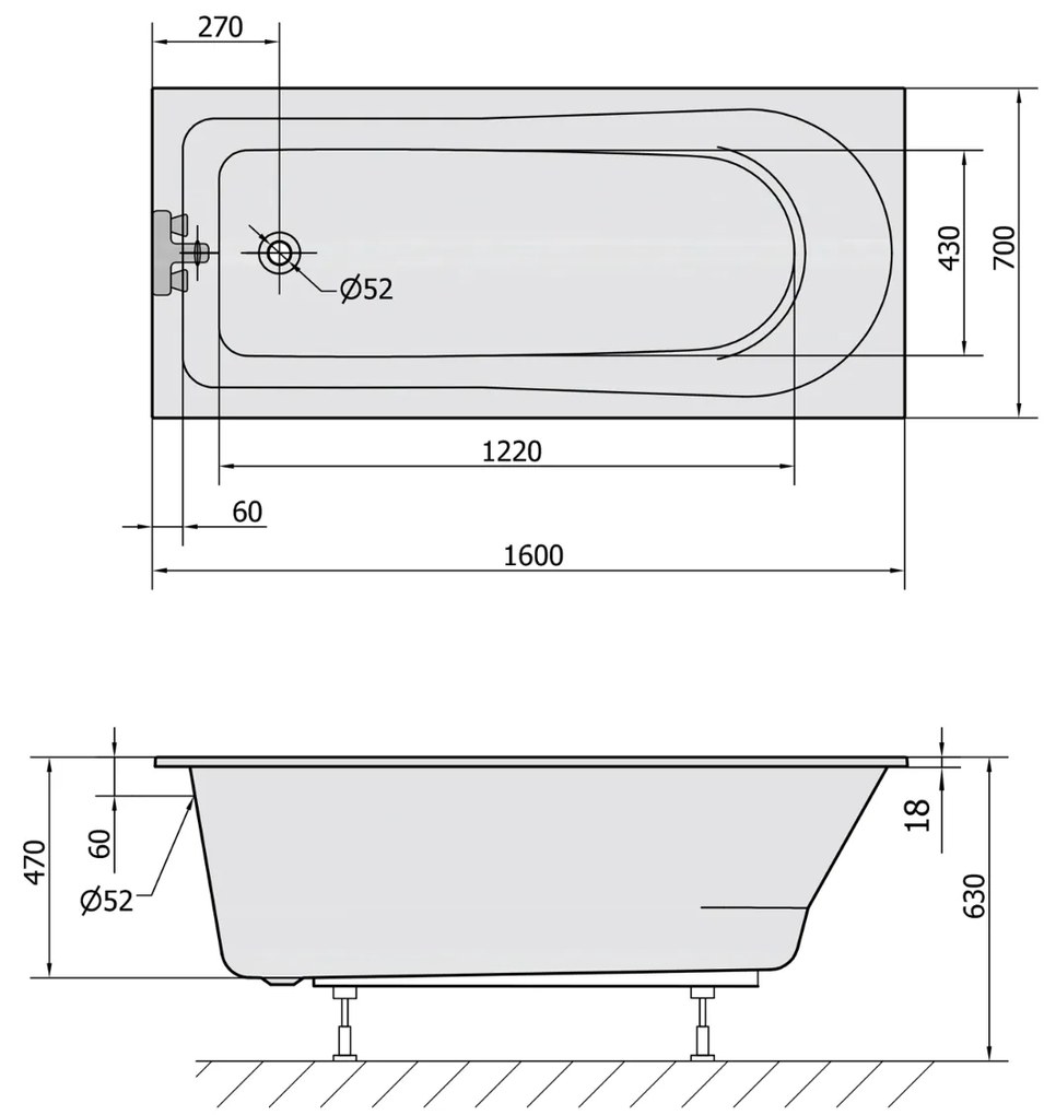 Polysan Lisa Slim ligbad 160x70x47cm wit