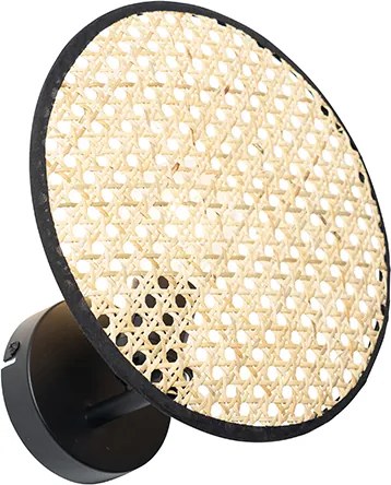 Landelijke wandlamp zwart met rotan 25 cm - Kata