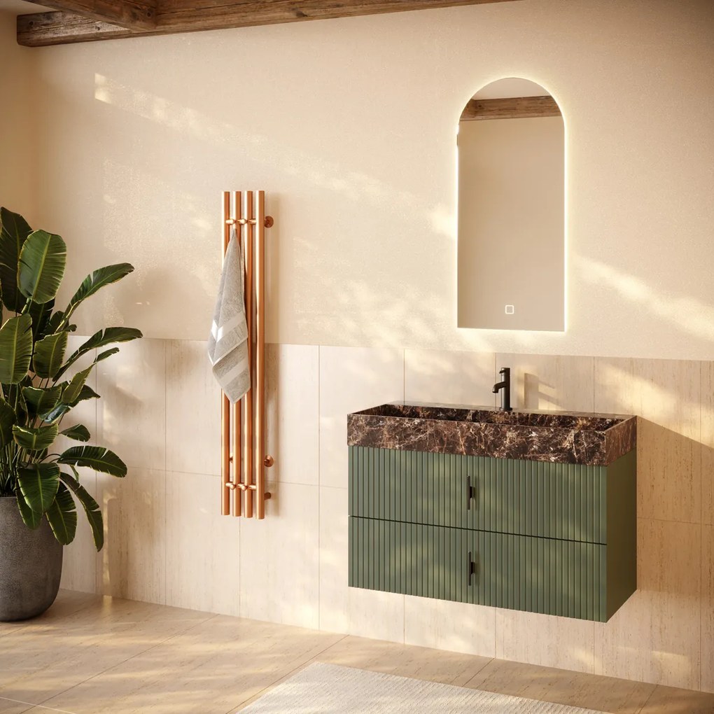 Muebles Murcia badmeubel ribbelfront 100cm legergroen met Dark Emperador wastafel met kraangat