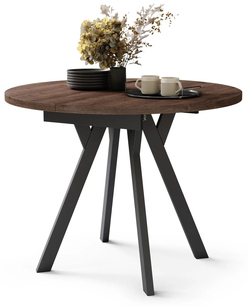 ALMO Eiken Bruin/Zwarte poten - RONDE LOFT/INDUSTRIËLE TAFEL VOOR WOONKAMER/EETKAMER, UITSCHUIFBAAR