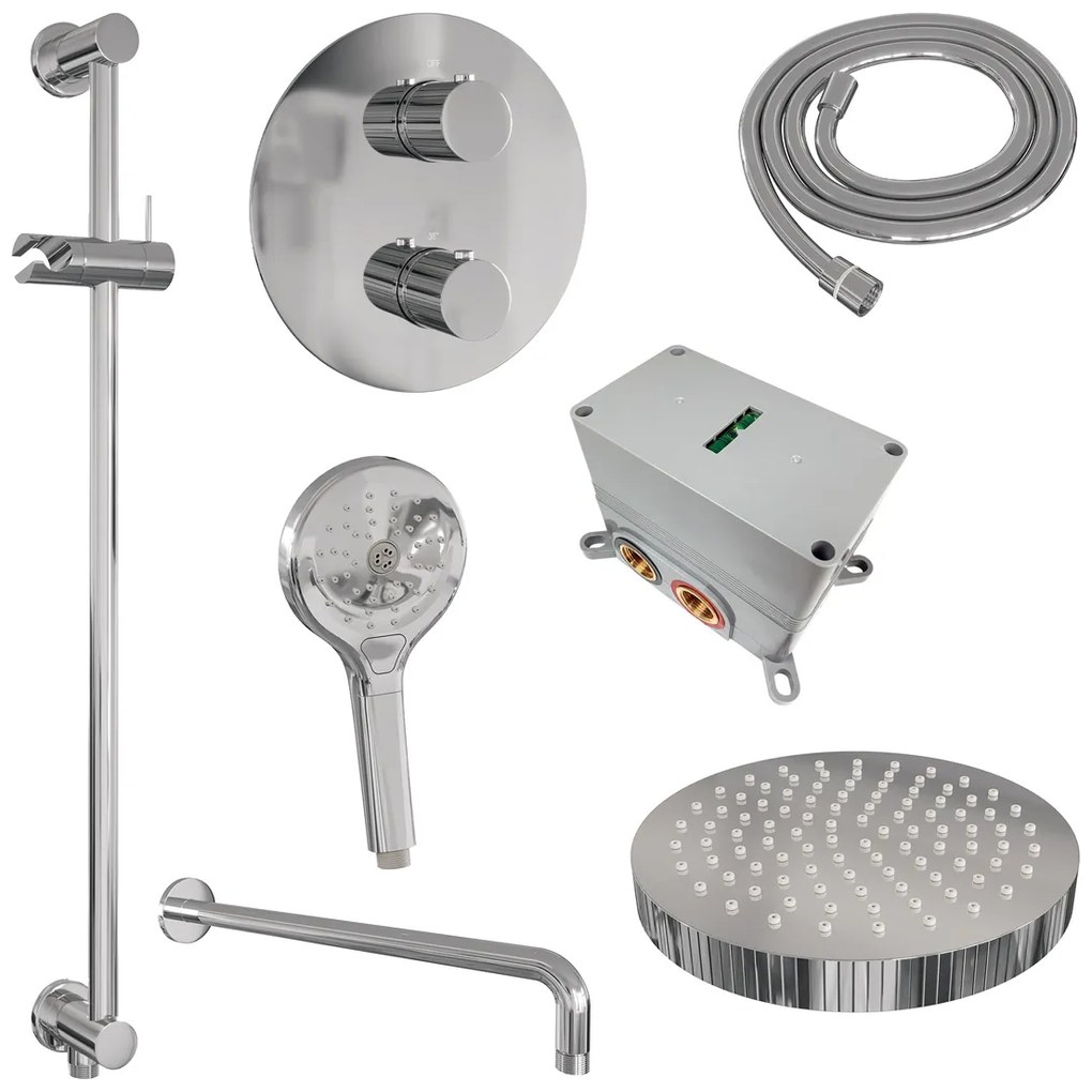 Brauer Stripe inbouw regendouche rond met 25cm hoofddouche, rond met gebogen muurarm, glijstang en 3 standen handdouche set 47 chroom