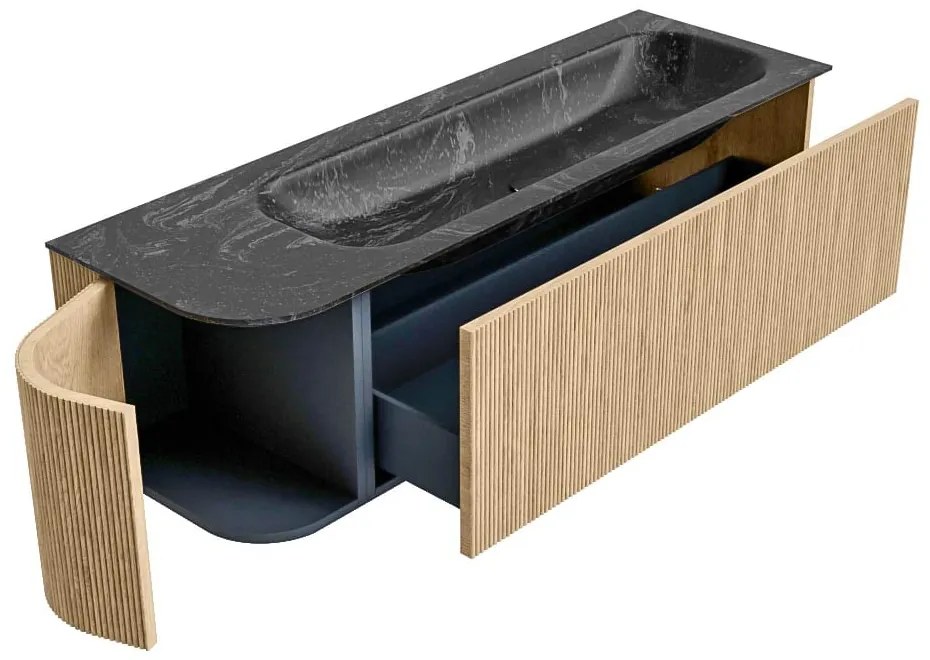 Mondiaz Kurve-dlux 145cm badmeubel ronding links oak met 1 lade en deur en wastafel big large rechts zonder kraangat lava