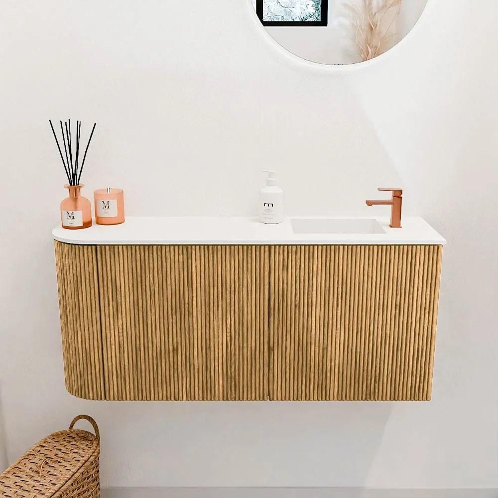 Mondiaz Joya 90cm toiletmeubel ronding links oak met wastafel faye rechts 1 kraangat talc