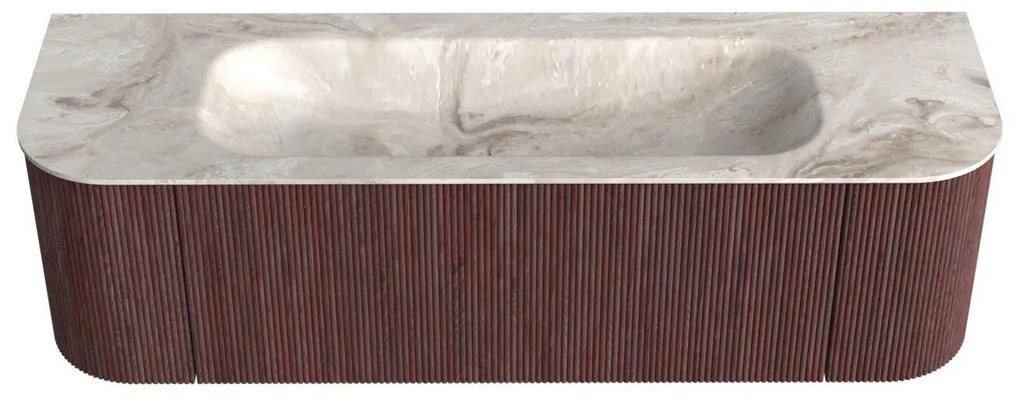 Mondiaz Kurve-dlux 150cm badmeubel ronding links/rechts ruby met 1 lade en 2 deuren en wastafel big medium midden zonder kraangat frappe