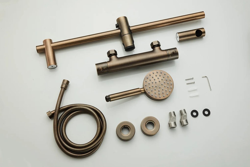 Saniclear Antique doucheset met thermostatische kraan, handdouche en glijstang verouderd messing
