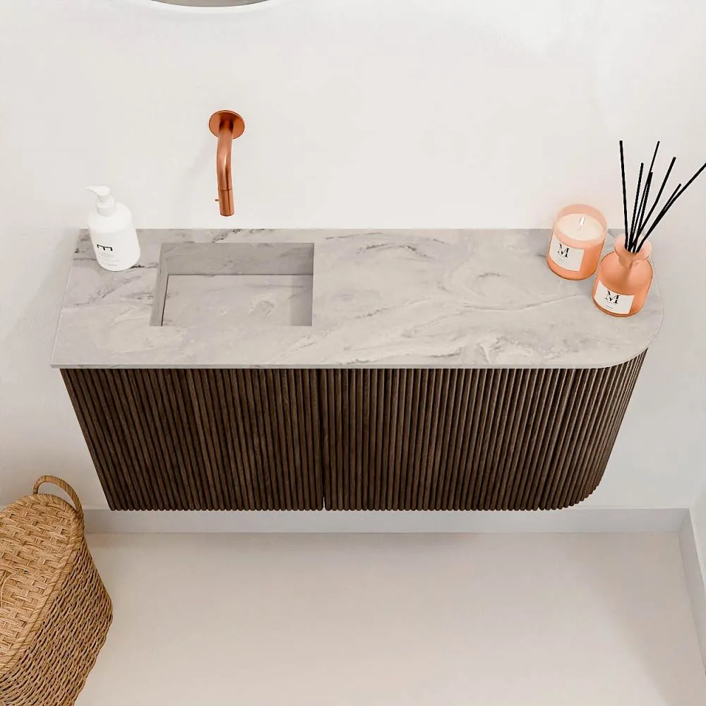 Mondiaz Joya DLux 80cm toiletmeubel ronding rechts walnut met wastafel faye links zonder kraangat glace