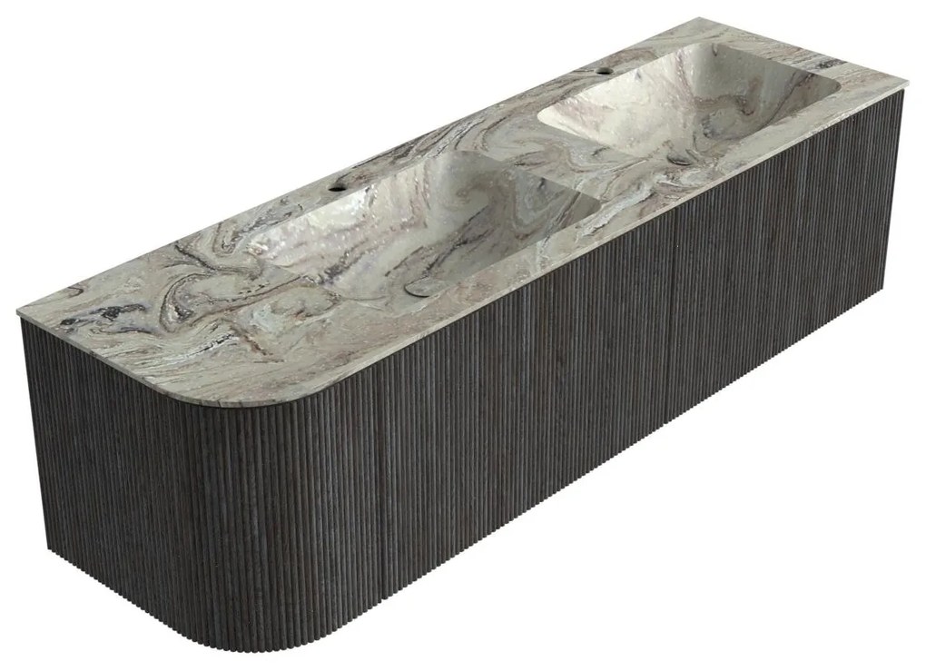 Mondiaz Kurve-dlux 155cm badmeubel ronding links shadow met 2 lades en 1 deur en wastafel leaf dubbel/rechts 2 kraangaten glace