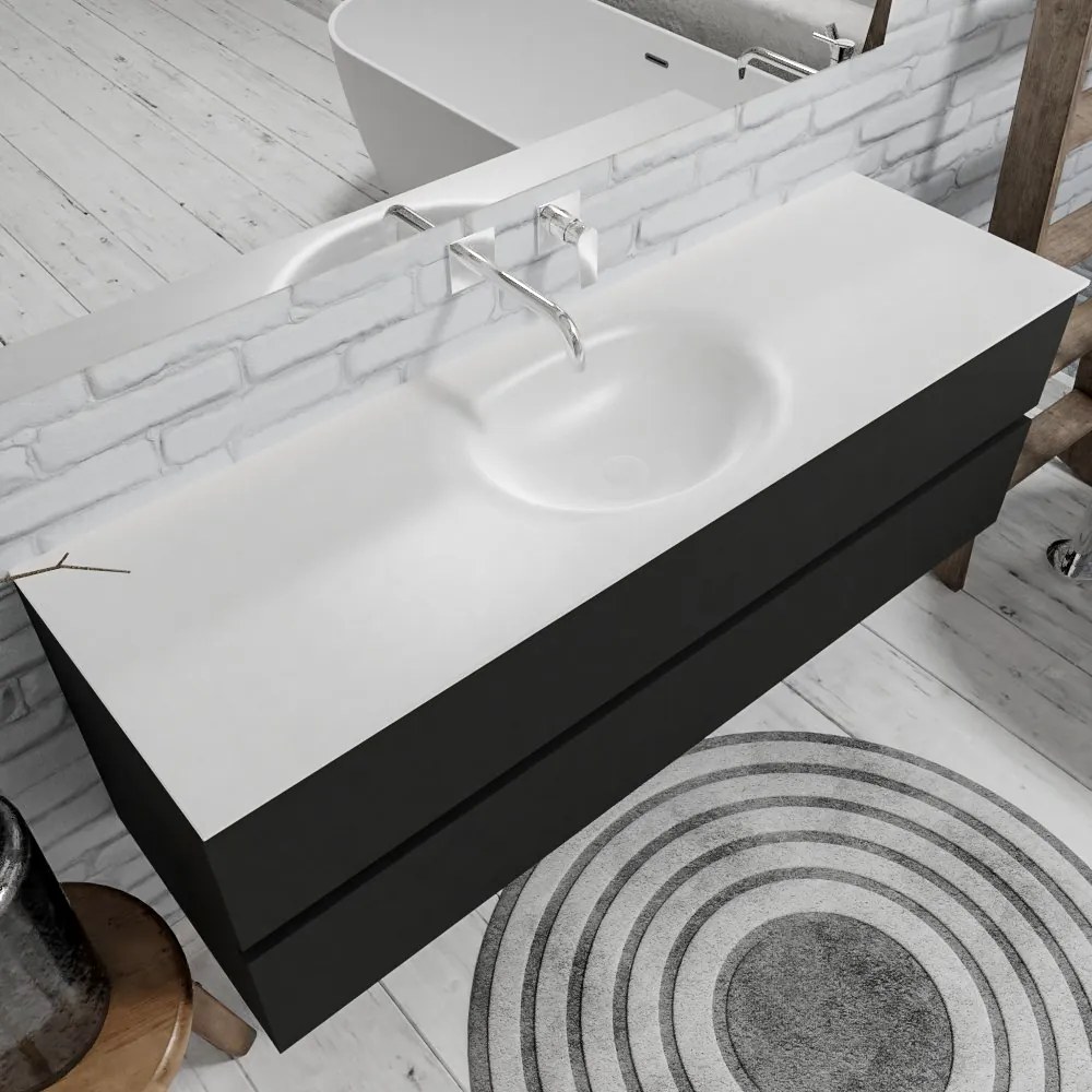 Zaro Sevilla Solid Surface badmeubel 150cm mat zwart geen kraangat met 2 lades spoelbak midden