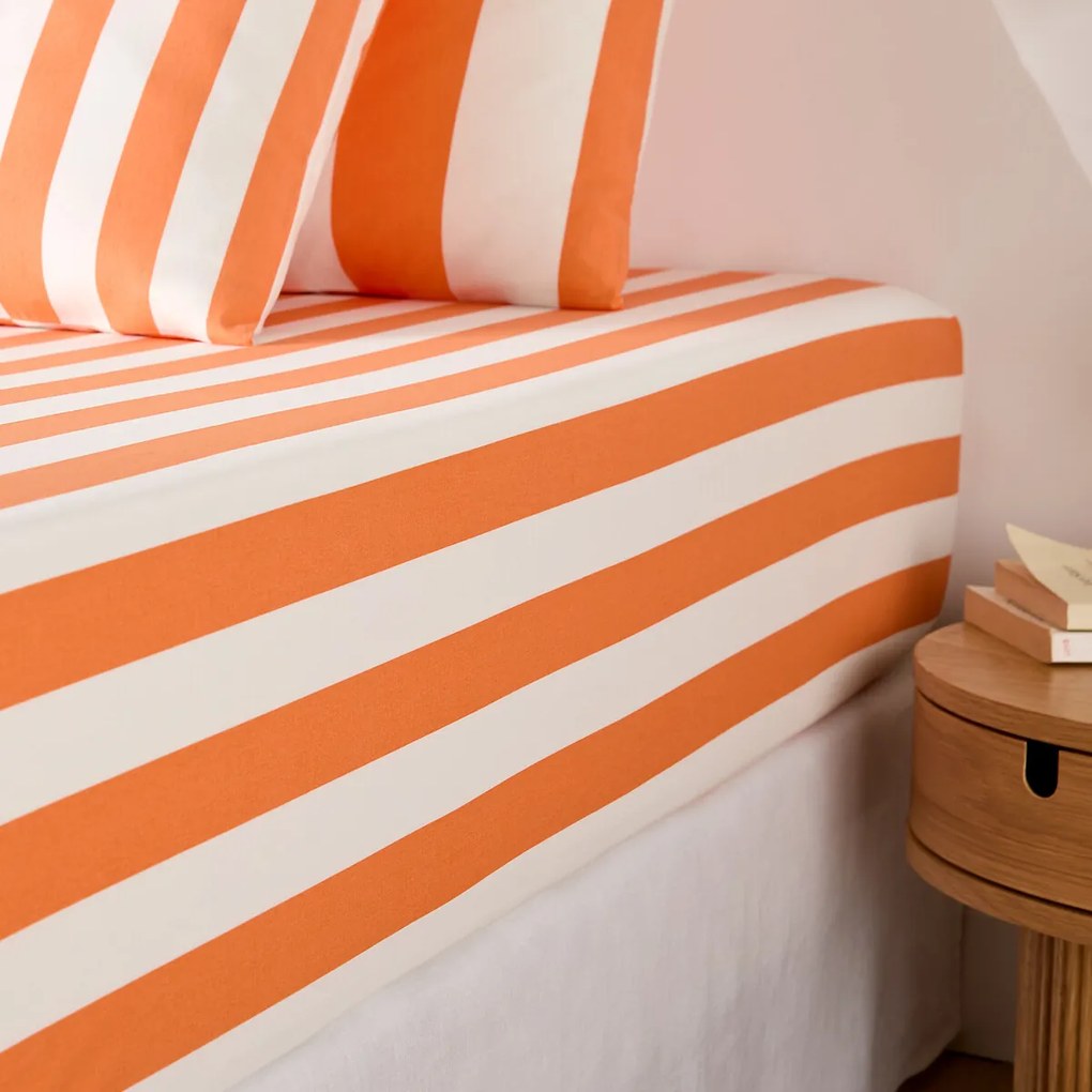 Hoeslaken katoen, omslag 25 cm, strepen print, HENDAYE ORANGE