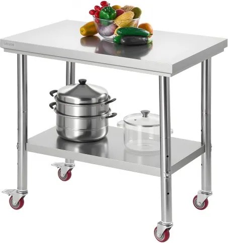 VEVOR RVS werktafel/keukentafel (90 x 60 cm) voor voedselbereiding met wielen, voorbereidingstafel met verstelbare onderplank voor commerciële keukens, restaurants, hotels, garages en buitengebruik