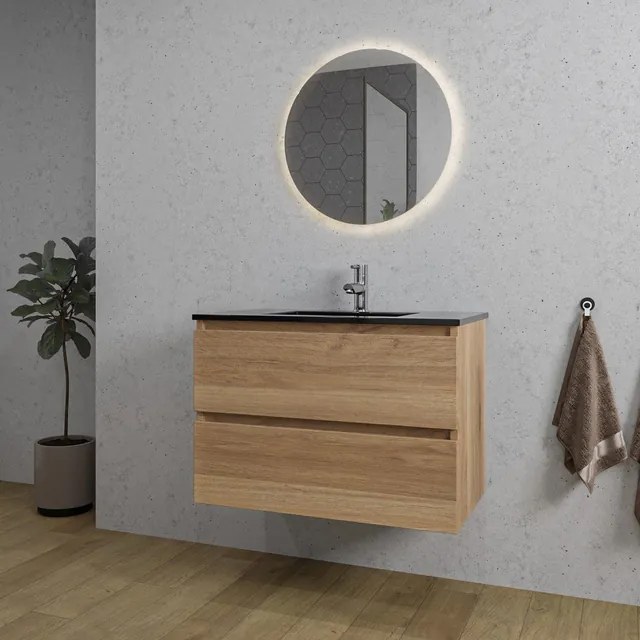 Adema Chaci Badkamermeubelset - 80x46x55cm - 1 keramische wasbak zwart - 1 kraangat - 2 lades - ronde spiegel met verlichting - eiken SW1212767/SW761655/SW108328