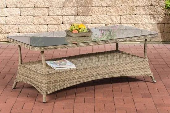 Design outdoor lounge tafel PANDORA hoogte 60 cm 5 mm rotan vlechtwerk ALU frame met opbergruimte glazen tafelblad - natura 160 x 80 cm