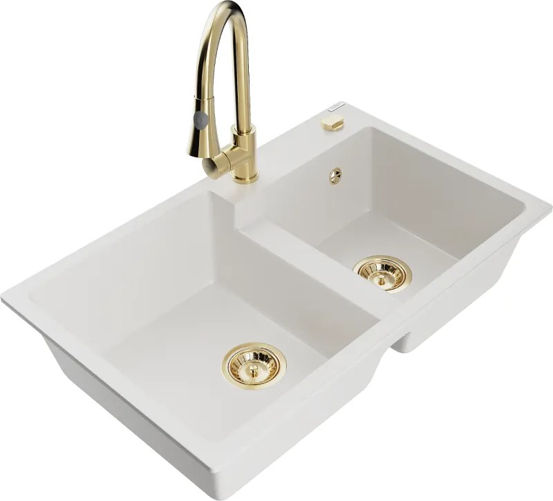 Mexen Tomas granieten gootsteen met 2 kamers en keukenmengkraan Elia, wit - 6516-20-670101-50