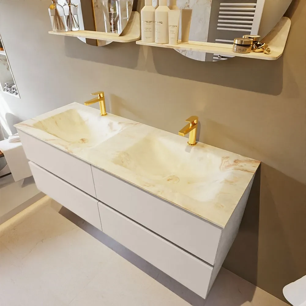 Mondiaz Vica DLux badmeubel 130cm linen 4 lades met wastafel frappe dubbel 2 kraangaten