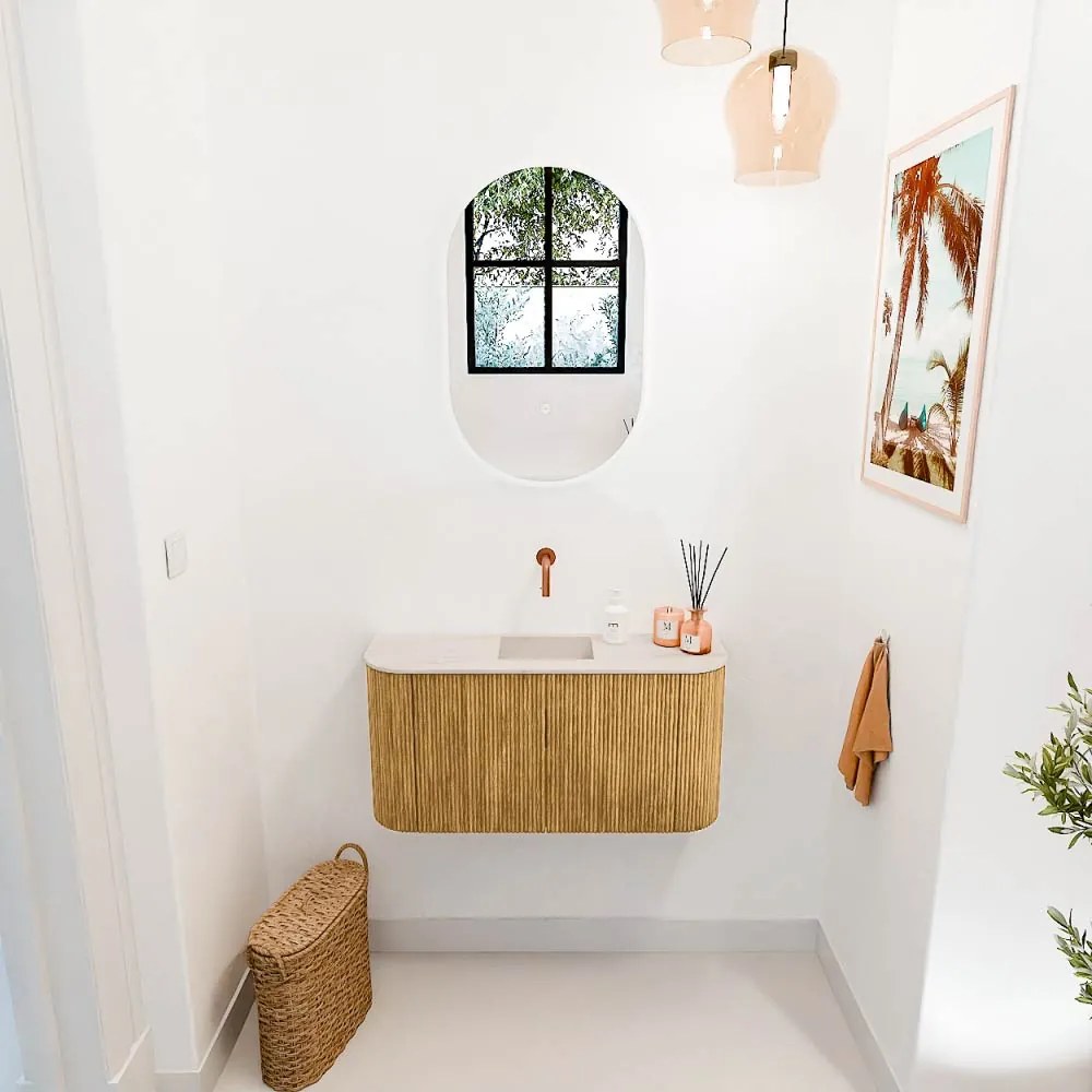 Mondiaz Joya DLux 85cm toiletmeubel ronding links/rechts oak met wastafel faye midden zonder kraangat meli