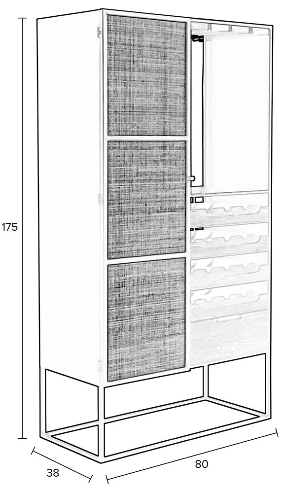 Hoge Wijnkast Zwart Met Rotan - 80x38x175cm.
