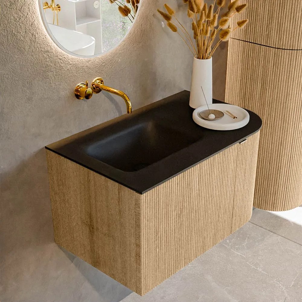 Mondiaz Kurve 75cm badmeubel ronding rechts oak met 1 lade en deur en wastafel grunne links zonder kraangat urban