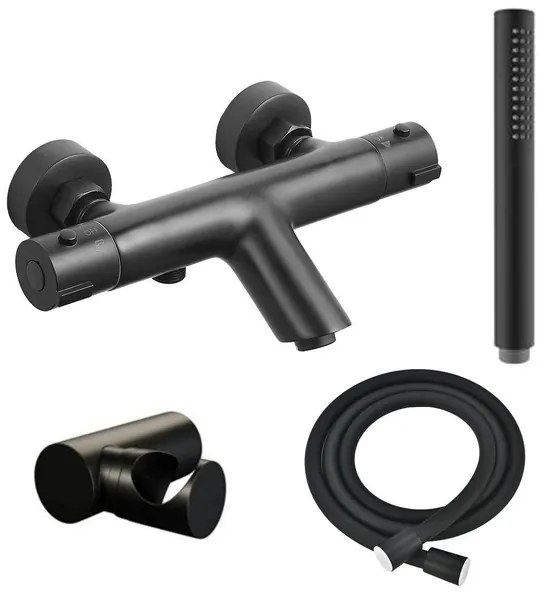 Adema Sparkle 2.0 thermostatische bad-/douchekraan - staafhanddouche en houder - incl. doucheslang - mat zwart SW696251 / SW706210 / SW720565 / SW496811