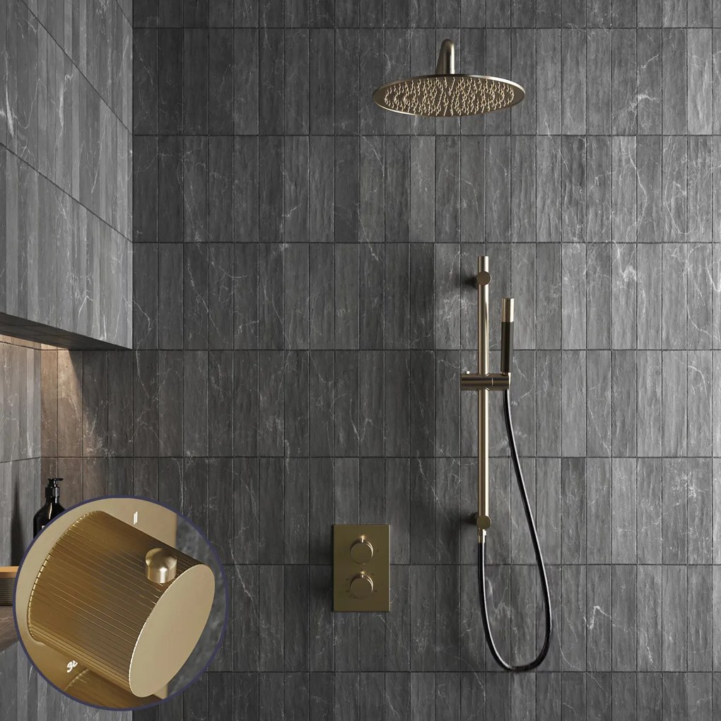 Saniclear Brass Stripes Pro inbouw regendouche met 20cm hoofddouche, muurarm en glijstang geborsteld messing - mat goud