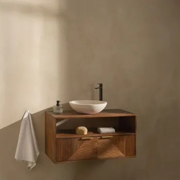 Baty Mangohouten Badkamermeubelset Mangohout & Rond Cement Wit Ø40 Cm Zavion & Spiegelloze & Zwart ↑30 Cm Met Aftapkraan Zonder Overloop Alameda -