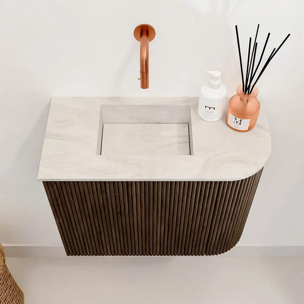 Mondiaz Joya DLux 50cm toiletmeubel ronding rechts walnut met wastafel faye links zonder kraangat ostra