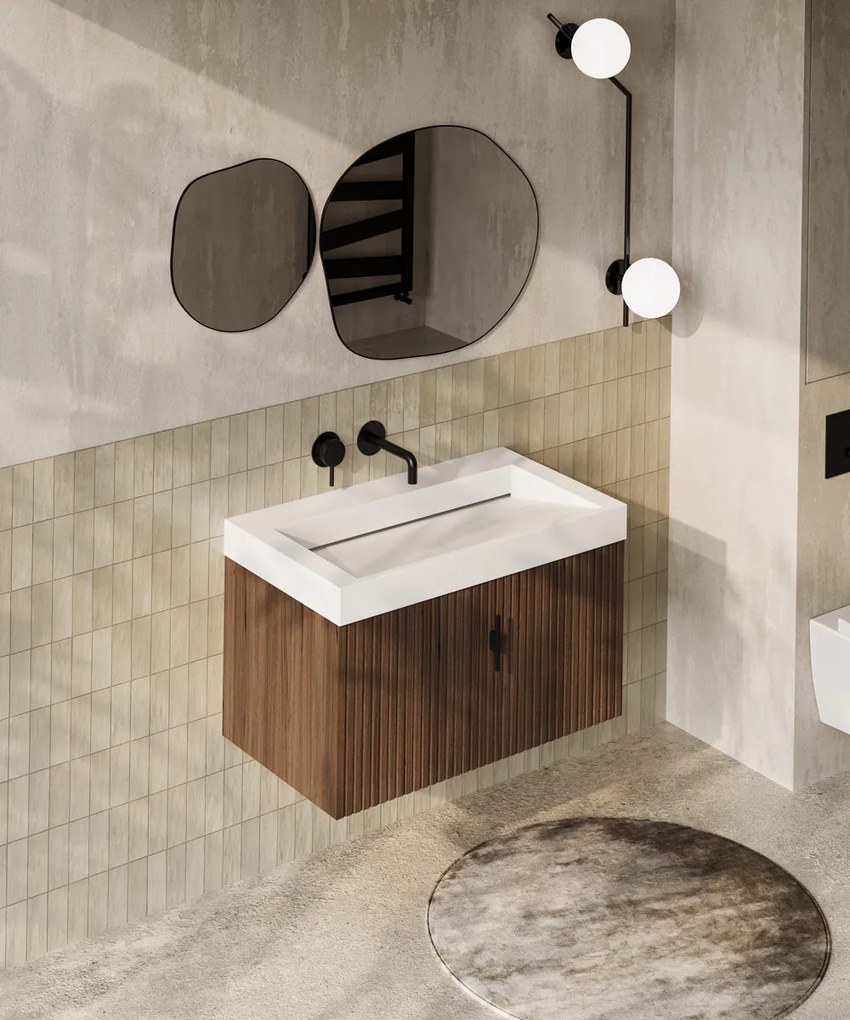 Muebles Calas badmeubel ribbelfront 80cm walnoot met solid surface wastafel zonder kraangat