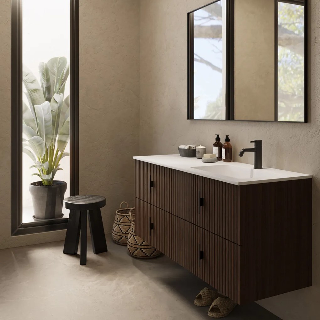 Muebles Avila badmeubel ribbelfront 120cm walnoot met wastafel rechts met kraangat