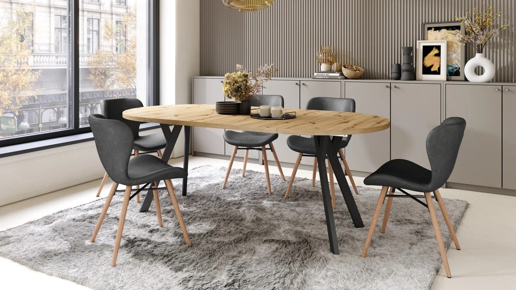 ALMO 100 Eiken Artisan/Zwarte poten - RONDE LOFT/INDUSTRIËLE TAFEL VOOR WOONKAMER/EETKAMER, UITSCHUIFBAAR