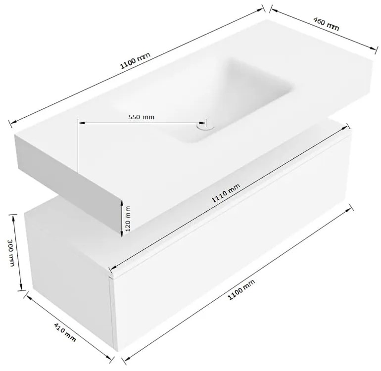 Zaro Alan badmeubel 110cm sand met 1 lade en vrijhangende wastafel midden met kraangat wit mat