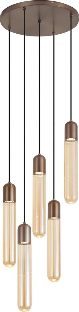 Art Deco hanglamp donker brons met ribbel glas 5-lichts - Walcott