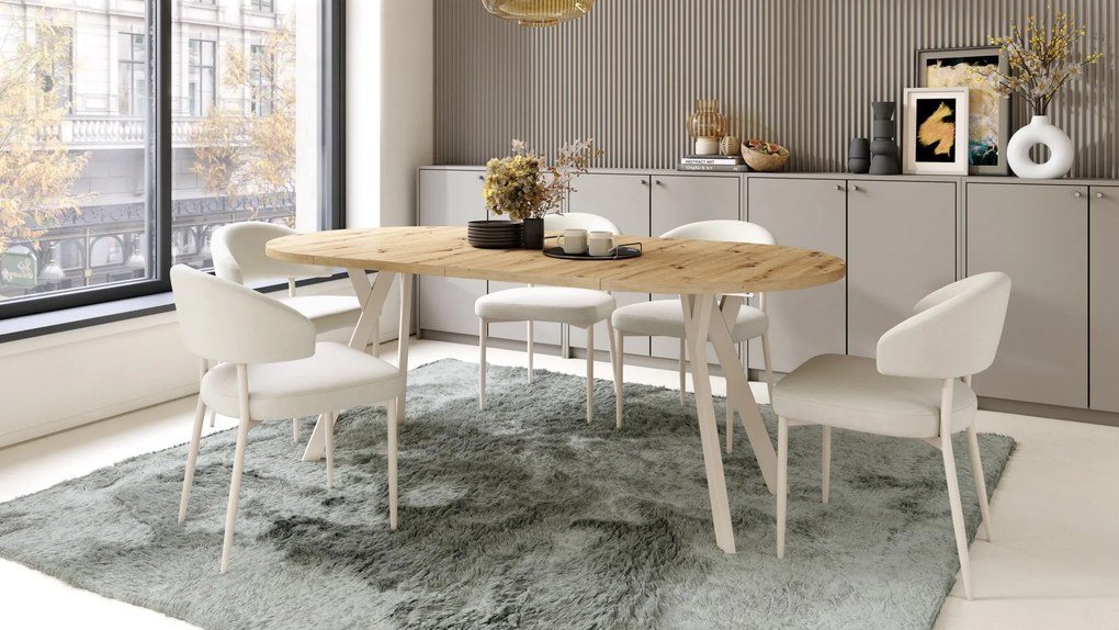 IRIS Zandkleurig beige (stof Victoria A80) / beige onderstel – MODERNE GESTOFFEERDE STOEL VOOR WOONKAMER/EETKAMER BOHO