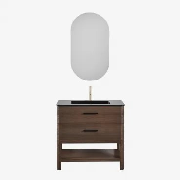 Badkamermeubelset In Hout Met Geïntegreerde Wastafel Misene Donker Hout & Ovaal Met Opbergruimte Zwart 50x90 Cm Oricsa & Geborsteld Goud - Sklum