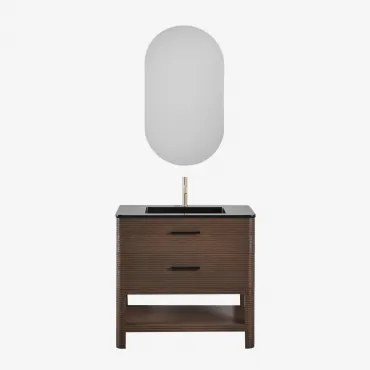 Badkamermeubelset In Hout Met Geïntegreerde Wastafel Misene Donker Hout & Ovaal Met Opbergruimte Zwart 50x90 Cm Oricsa & Goud ↑20 - Sklum