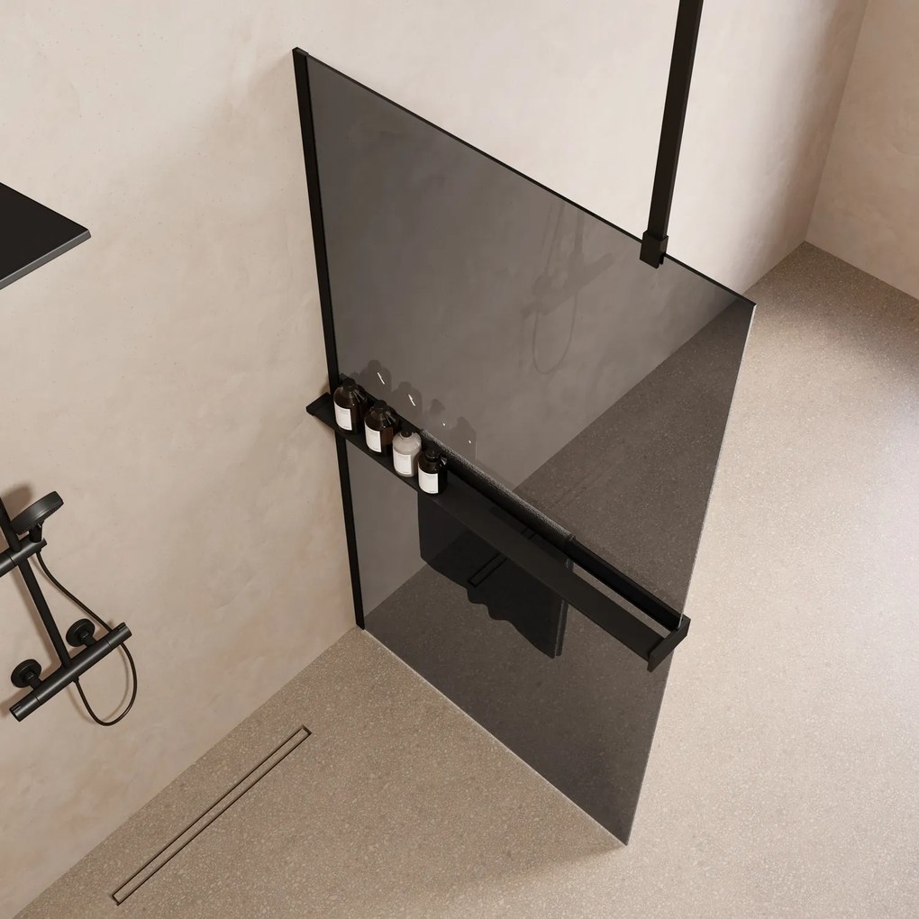 Saniclear Bright inloopdouche 90cm met handdoekhouder en rookglas zwart mat