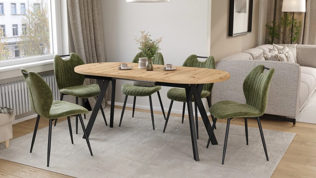 Mazzoni ALMO Artisan Eiken / zwarte poten - OVALE UITSCHUIFTAFEL 120-220 cm VOOR 10-12 PERSONEN