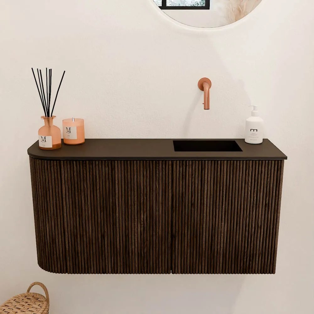 Mondiaz Joya 80cm toiletmeubel ronding links walnut met wastafel faye rechts zonder kraangat urban