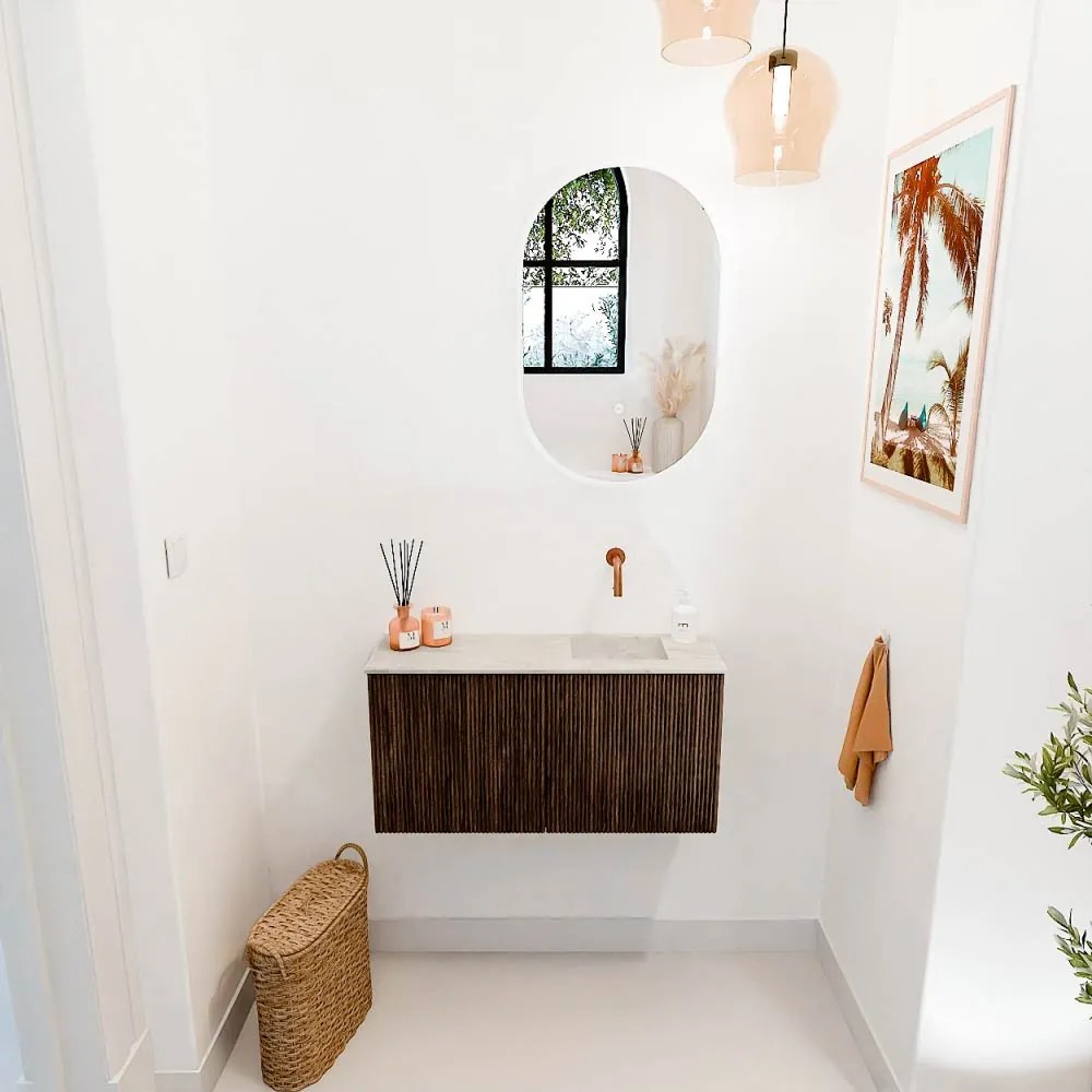 Mondiaz Joya DLux 80cm toiletmeubel walnut met wastafel faye rechts zonder kraangat ostra