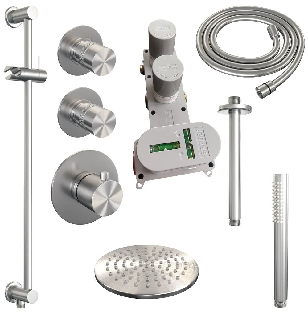Brauer Brushed Edition complete inbouw regendouche met staafhanddouche, plafondarm, glijstang en hoofddouche 20cm set 17 RVS geborsteld PVD