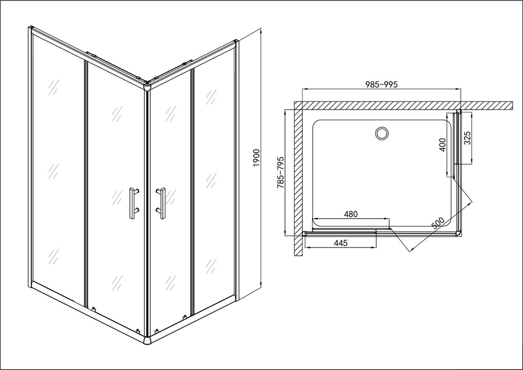 Badstuber Asym douchecabine rechthoek 100x80cm