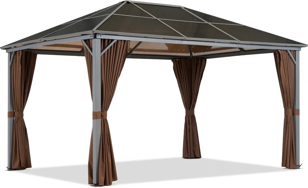 Milos tuinhuisje 3x4m met bruine gordijnen Tuinpunt