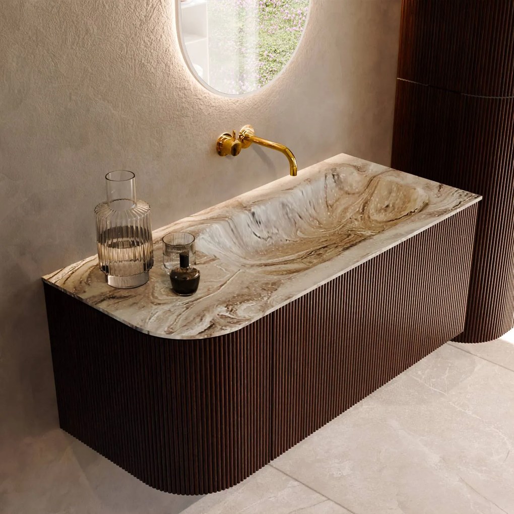 Mondiaz Kurve-dlux 105cm badmeubel ronding links ruby met 1 lade en deur en wastafel big small rechts zonder kraangat glace