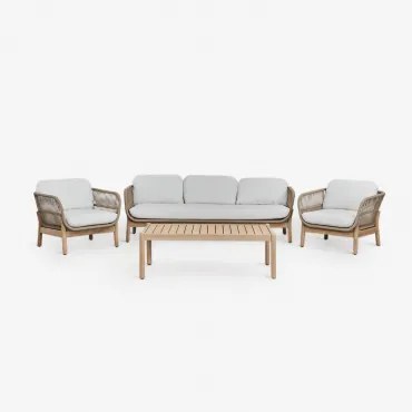 Karvia Tuinset Met 3-zitsbank, 2 Fauteuils En Salontafel In Aluminium En Acaciahout Stof Gardenia Wit - Sklum