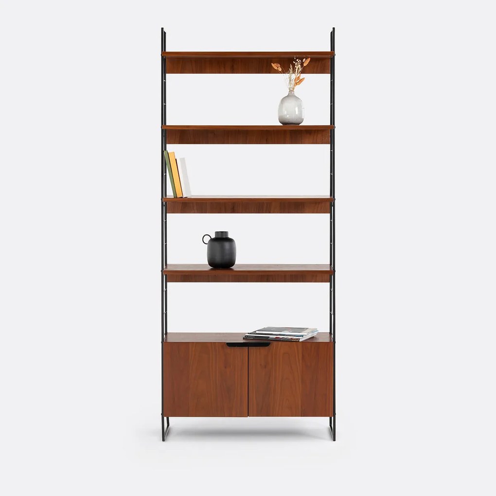 Vintage boekenkast, walnootfineer en staal, hoogte 190 cm, WATFORD