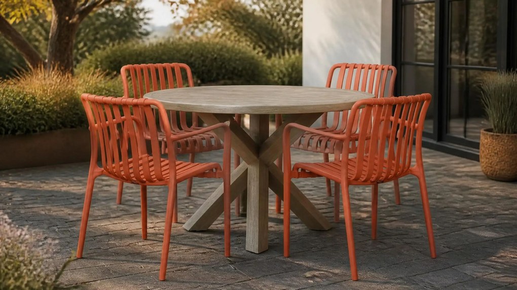 Tuinset Ronde Tuintafel 4 personen 120 cm Kunststof Oranje  Domani Furniture Alba/Sand