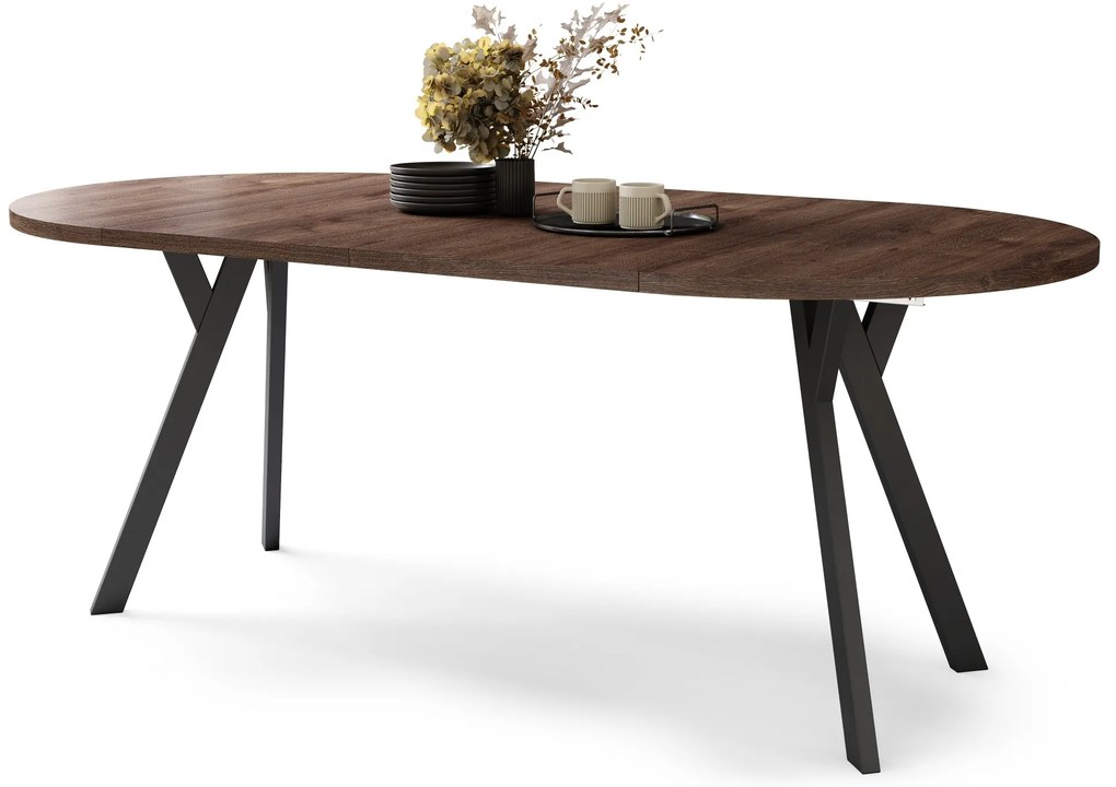 ALDO 100 Eiken Bruin/Zwarte poten - RONDE LOFT/INDUSTRIËLE TAFEL VOOR WOONKAMER/EETKAMER, UITSCHUIFBAAR