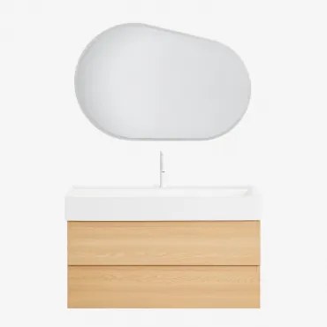 Ona Zwevend Badkamermeubelset Van Hout En Essenfineer Met Geïntegreerde Wastafel Natuurlijk Hout & Ovaal Led En Anticondens 100x80 Cm Riben - Sklum